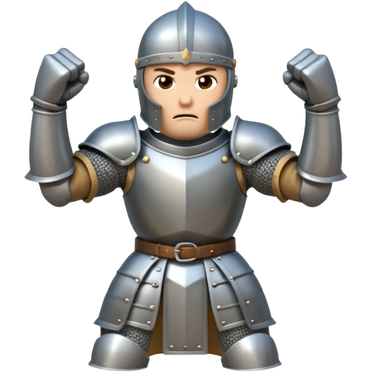 A cartoon knight in full armor with a closed helmet, expressing anger. The knight's head is tilted forward, arms clenched into fists, and legs apart. emoji