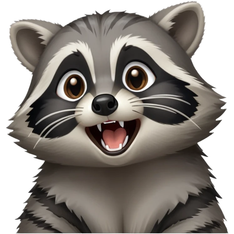 Cinematic-Cute-Yawning-Raccoon-Portrait-Emoji – Head tilted slightly with a dramatic, wide-open yawn, revealing a soft grey and black fur coat with a striped bushy tail, round brown eyes barely open in drowsy curiosity. emoji
