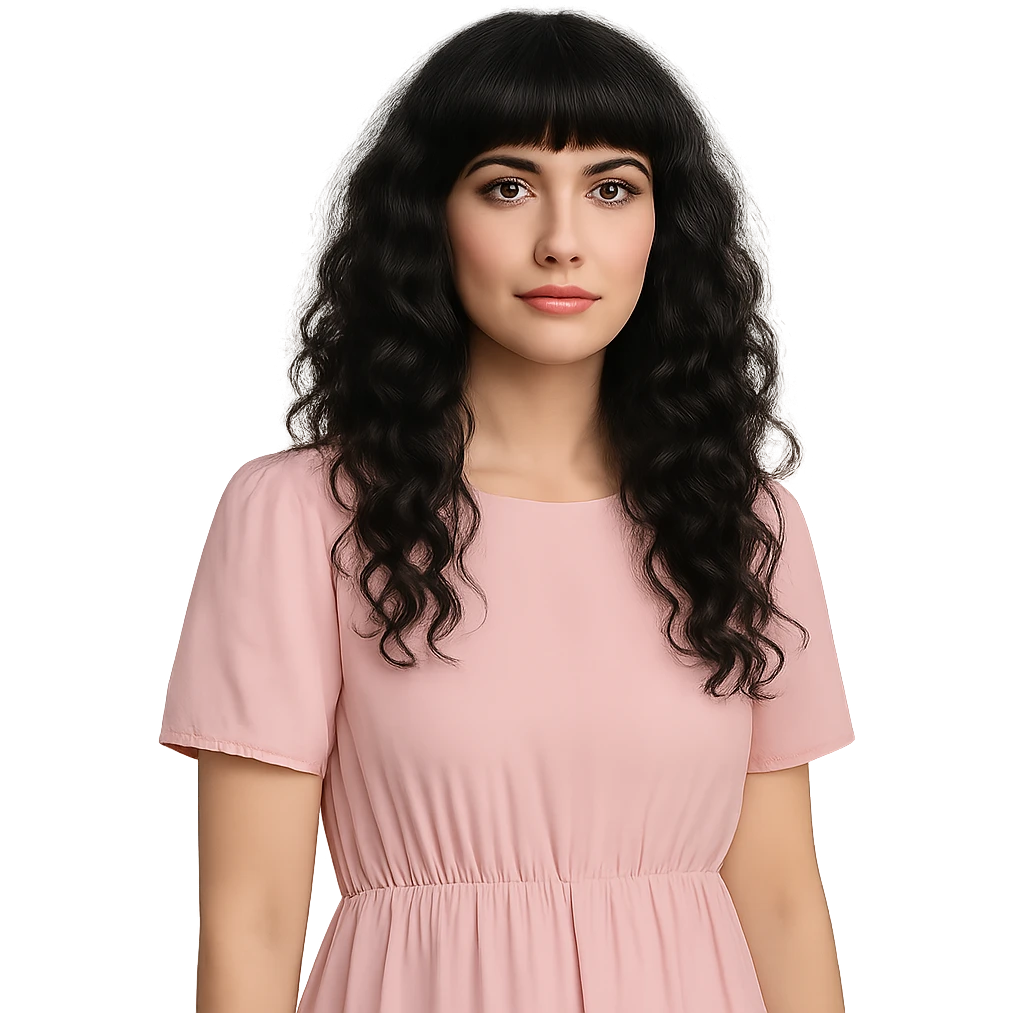 white woman with long black curly hair and bangs, dark brown eyes, wearing a pastel pink dress emoji