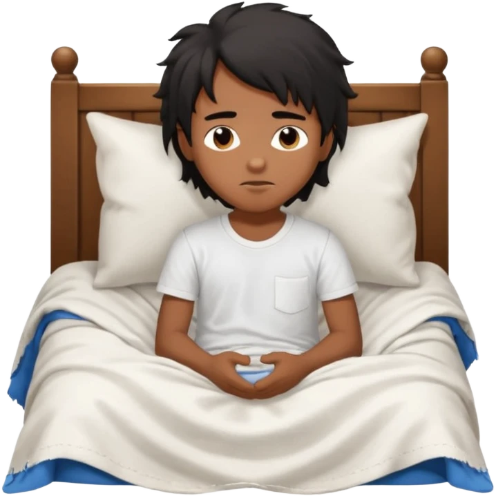 generate a pretty bratz brown skinned boy with black messy long hair wearing a white tshirt sitting in his in bed. Looking sleepy emoji