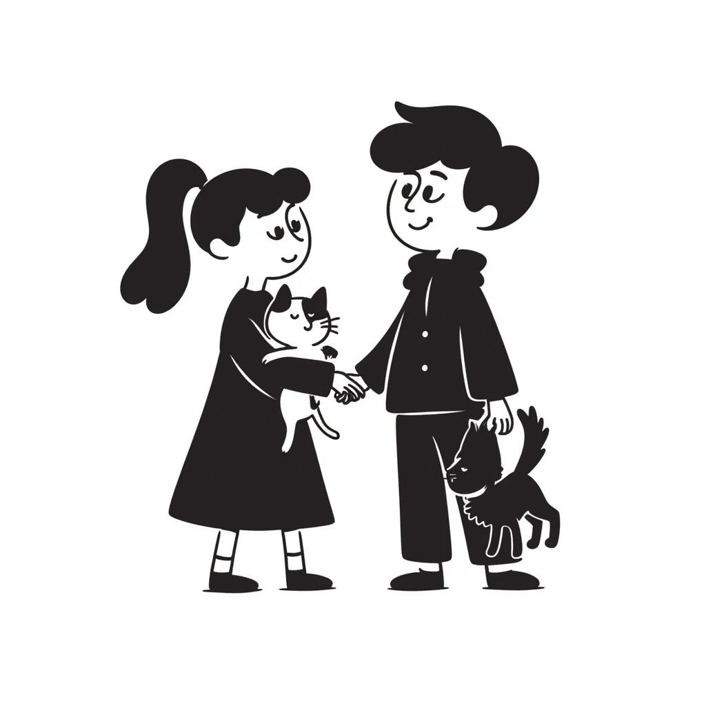 A girl with long brown hair holding the hand of a boy with black hair, both dressed in black, holding a cat and dog emoji