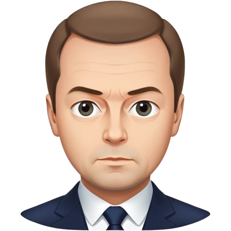 Dmitry Medvedev, round face, smooth finish, simplified but iconic facial traits including distinctive hair, eyebrows, eyes, mouth, serious expression, clean background emoji