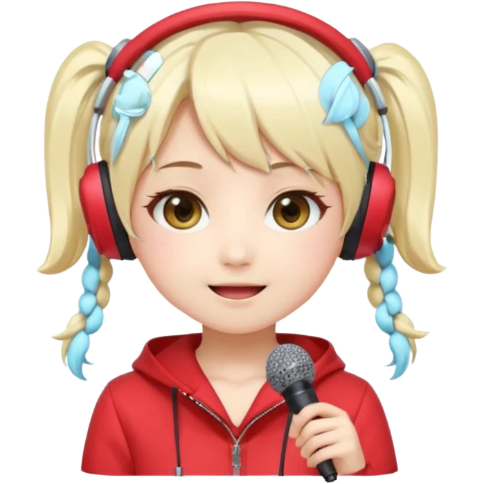 Cute kawaii emoji-style Japanese K-pop singer girl, long platinum blonde hair in twin tails, red outfit, headset mic on cheek, Japanese K-pop idol vibes, big sparkling eyes, chibi proportions, clean lineart, pastel colors, cheerful idol smile, sticker/emoji style, transparent background emoji