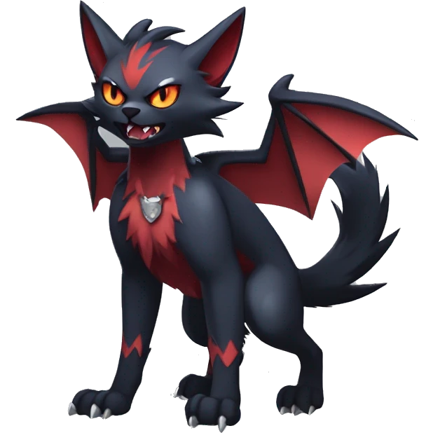   cool edgy beautiful fantasy anime-style dark animal vampiric Litten-Zoroark-Nargacuga-cat-hybrid Fakemon with big fangs and bat-ears full body emoji