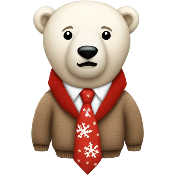 Stuffed polar bear in a brown jumper with a red snowflake and a red tie emoji