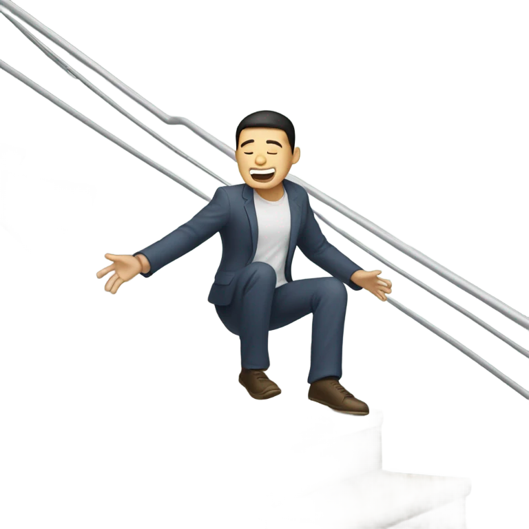Asian guy falling down long steps emoji