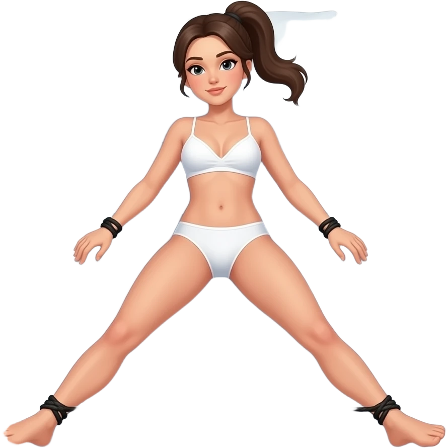 woman in white underwear with ponytail on bed with legs tied apart with rope shibari emoji