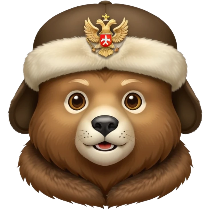 Friendly bear face wearing traditional Russian ushanka hat with double-headed eagle emblem, iOS emoji style emoji