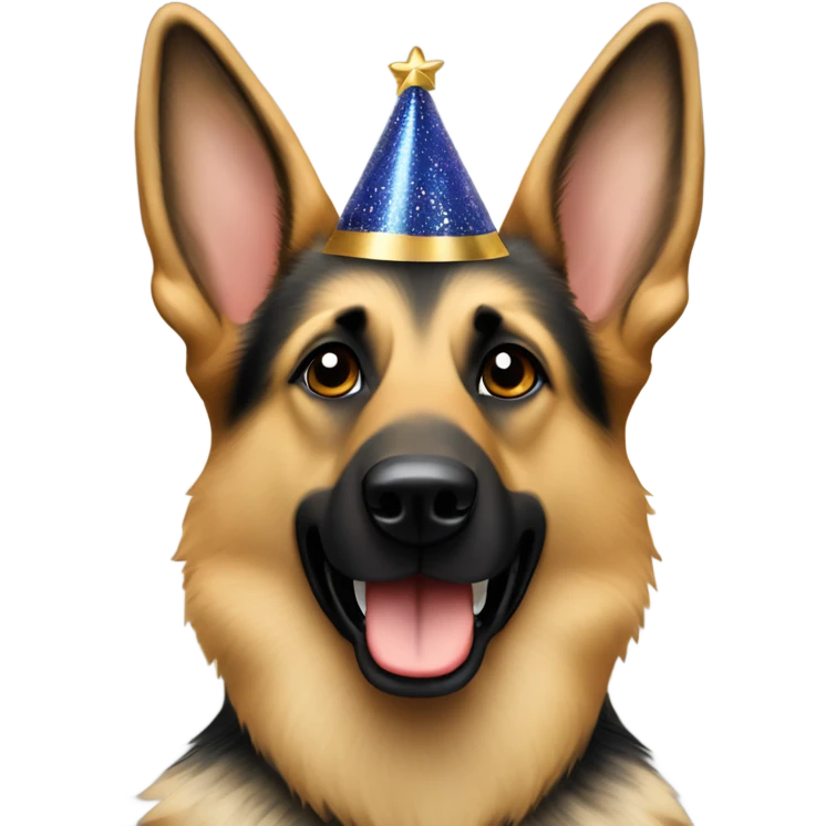 Blonde and brown German shepherd holding a sign that says “Happy New Year” emoji