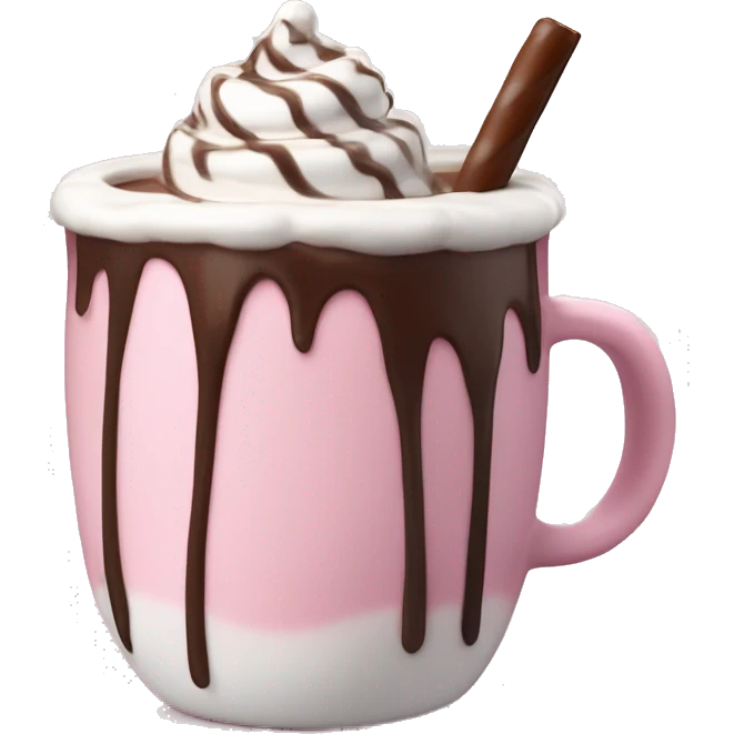 hot chocolate with mug and whip cream and chocolate drizzle and pale pink strawberry and marshmellows emoji