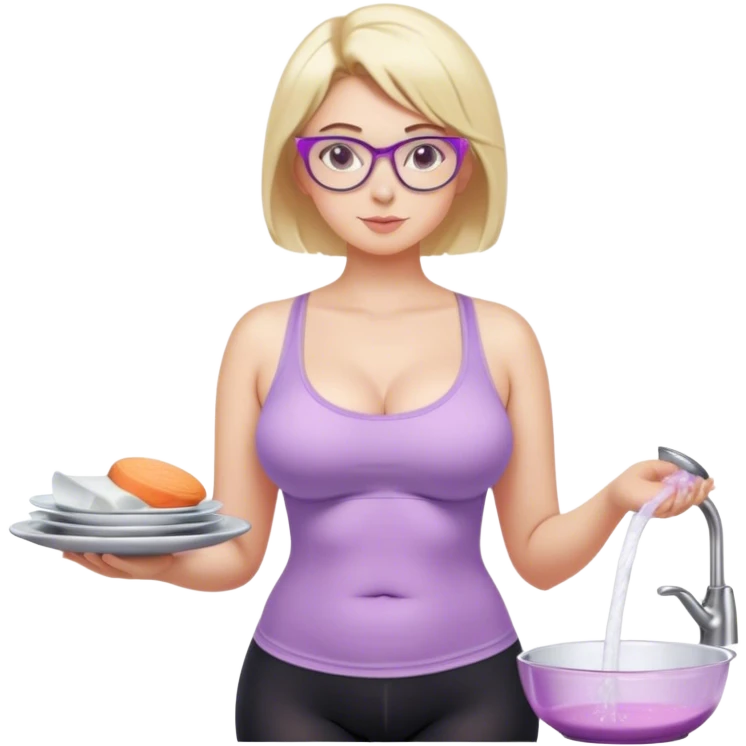 Seductive, Curvy fair skinned woman, short blond hair, small light purple reading glasses, washing dishes, SFW sheer pink tank top, without undergarments showing natural breast shape SFW, black yoga pants, thick booty emoji