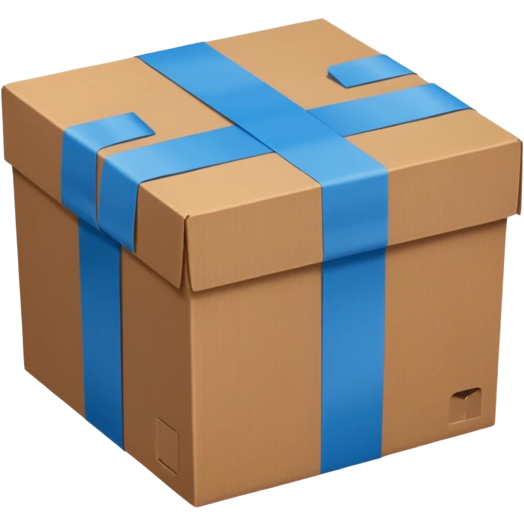 brown cardboard box with two wide blue tape strips in H shape on top, slightly from above, emoji style emoji