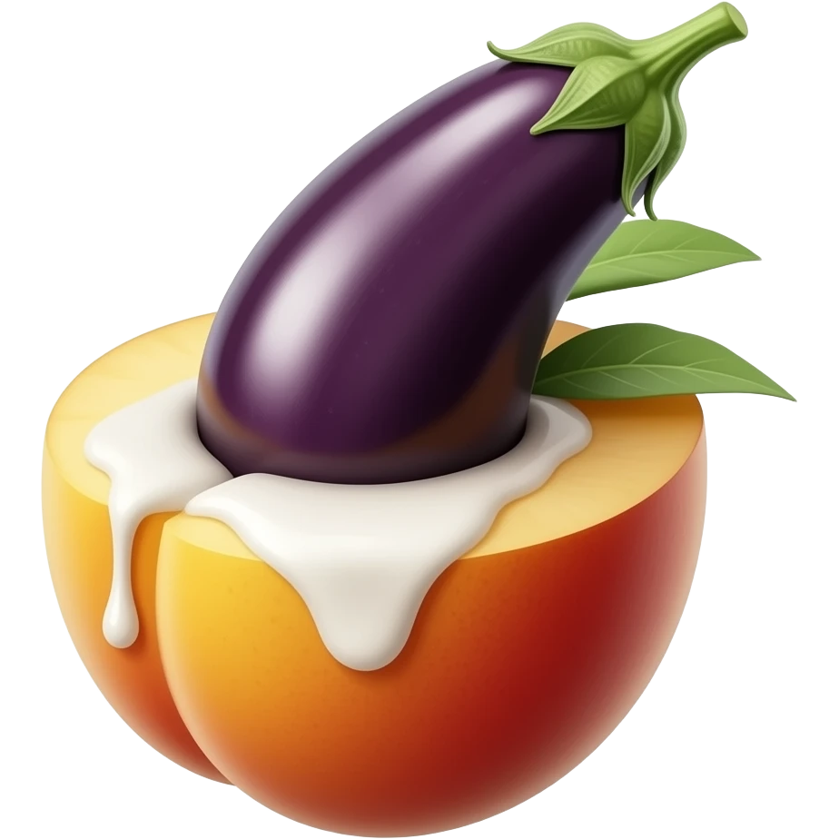 Eggplant being inserted into peach opening with white stuff dripping out emoji