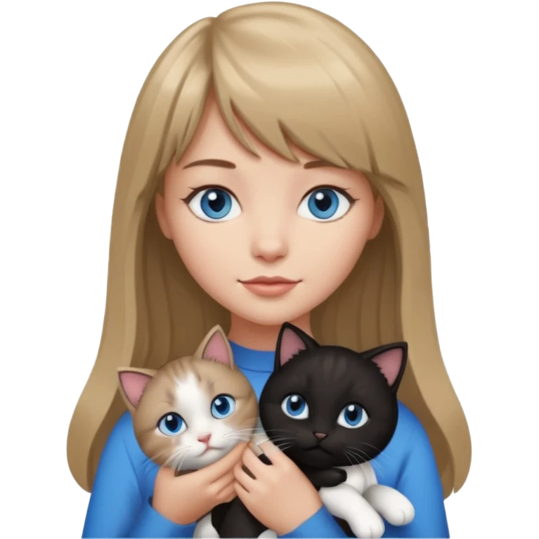 Apple-style emoji sticker of a young woman with long dark blond hair and bang, blue eyes , holding a black and white kitty emoji