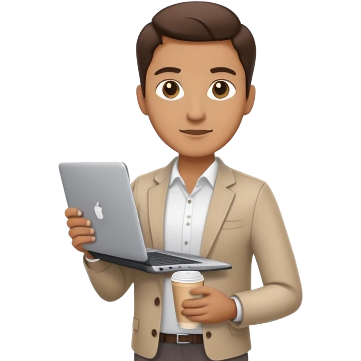 business owner standing confidently, holding a closed laptop in one hand and a takeaway coffee cup in the other. The character wears casual-smart clothes. emoji
