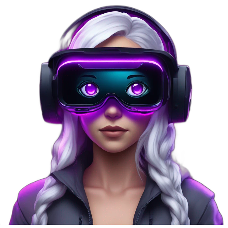 Daenerys Targaryen wearing a black hoodie with "OMG" letters on it and VR headset in a cyberpunk VR environment with violet neon lighting. emoji
