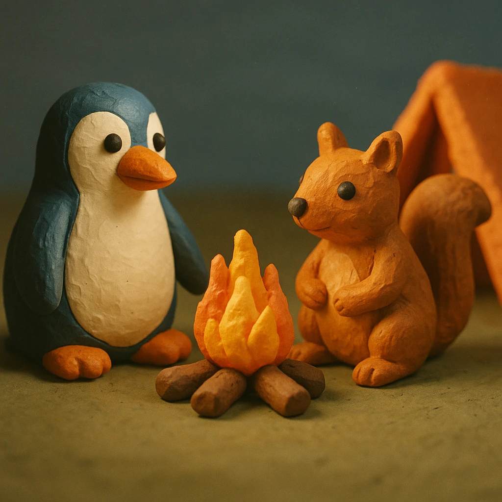 Pinguin und Eichhörnchen beim Campen, Claymation-Stil, Lagerfeuer emoji