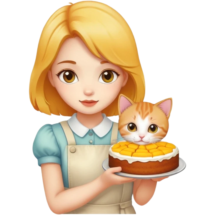 Beautiful girl holding a mango cake and a kitten emoji