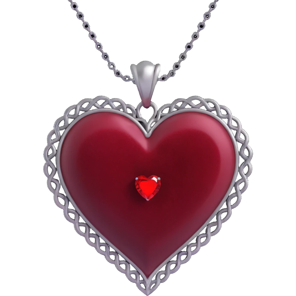 3D emoji gothic heart, black velvet texture, silver chain, blood red gemstone, ornate and dramatic emoji