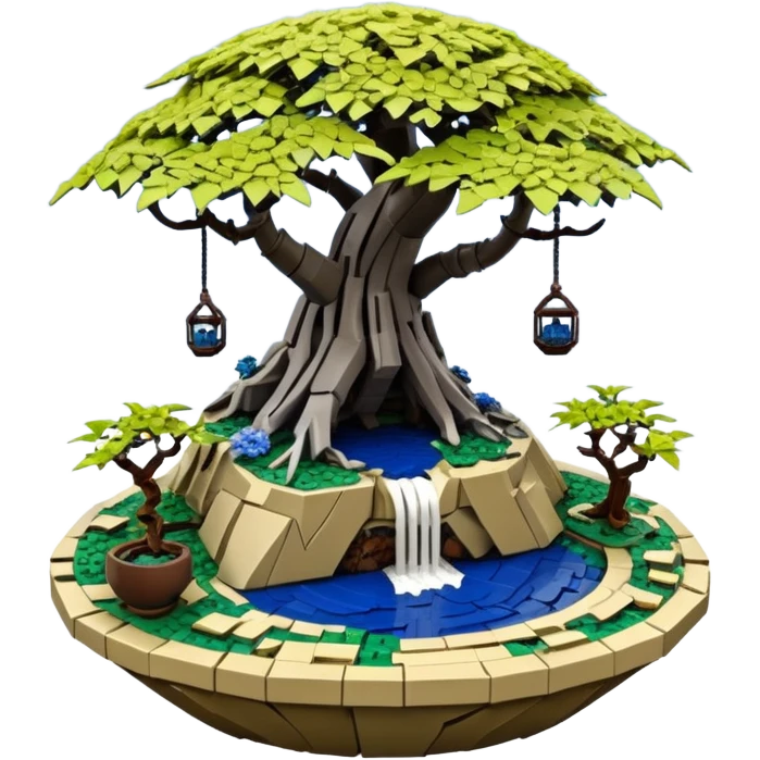 Alien Lego saucer hanging jungle-vines mountain-island landscape antique mudman very old broken cracked intricate Stone Age rocky-crusted irregular dodecagon-shaped shallow dark moss rough bark blue willow flowered maple tree bonsai pot emoji
