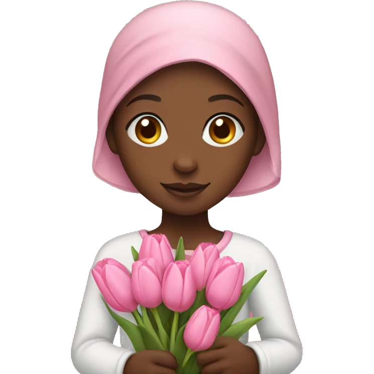 African girl holding pink tulips emoji