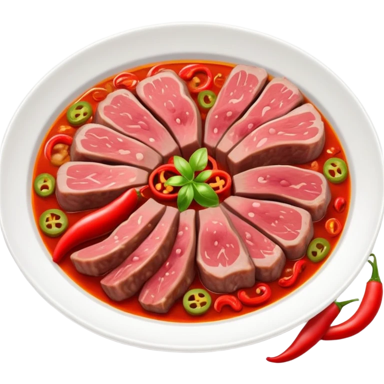 Fuqi Feipian sliced beef and offal in chili oil, simplified emoji style with bold outlines and bright colors, cartoon style Husband and Wife Lung Slices appetizer emoji