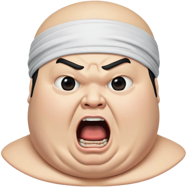 Super extreme tight close-up of just the face of morbidly obese white skin guy with young face, prominent BLACK DURAG tied clearly on head, black beard but no mustache, clean shaven upper lip, black eyes, mouth wide open screaming angrily emoji
