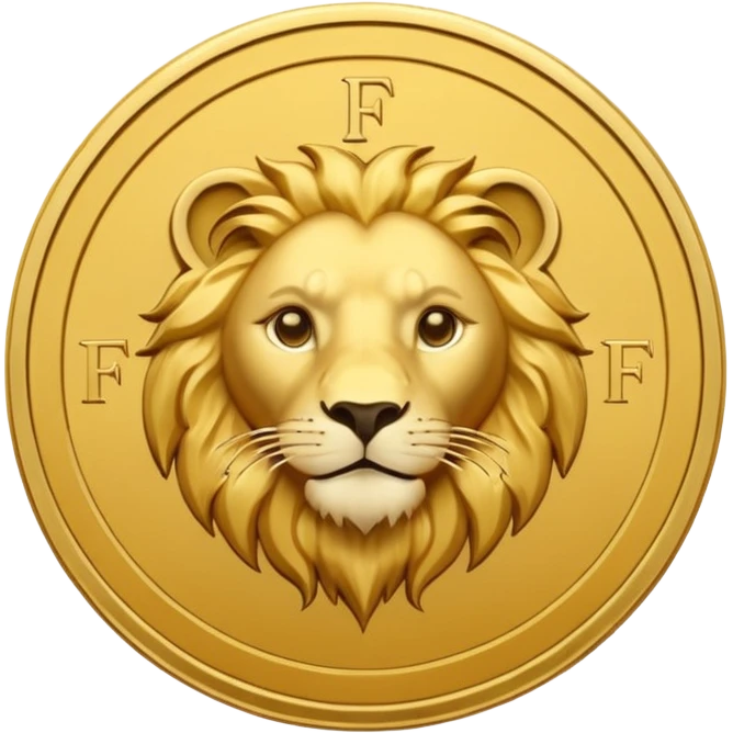 Pièce d’or ronde vue de face, lettre F gravée au centre, tête de lion fine et discrète en arrière‑plan, style emoji simple. emoji