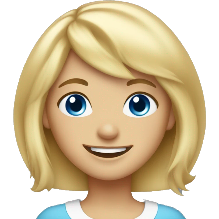 blonde girl with bangs, blue eyes and a bright smile emoji