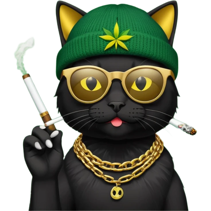 A black cat wearing the deal with it shades and a rasta beanie and smoking a joint and wearing a gold chain that says 420 emoji