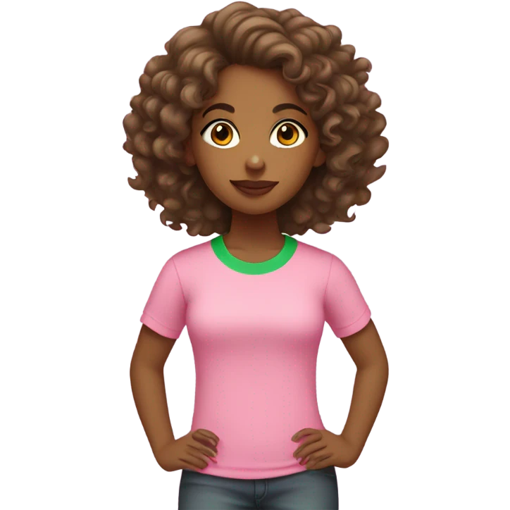 Brown girl with curly hair wearing pink and green t-shirt emoji