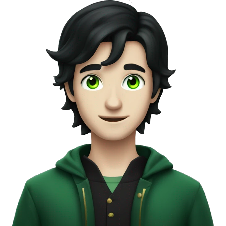 teenage white-skinned magician with black hair, green eyes in dark green disguise emoji