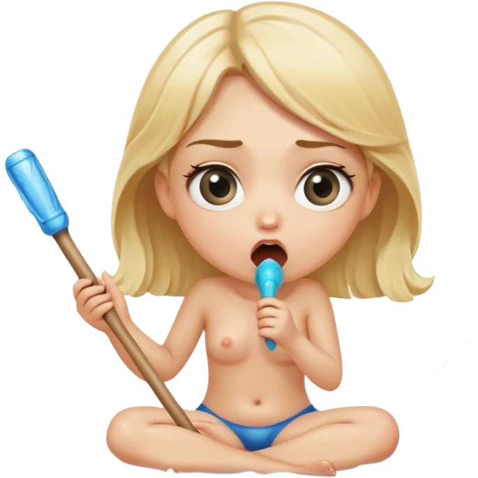 blond woman sitting on her knees with wide eyes, holding a wide skin-colored stick with a D-shaped knob, the stick has skin texture, water squirting from the knob into her mouth, shocked face emoji