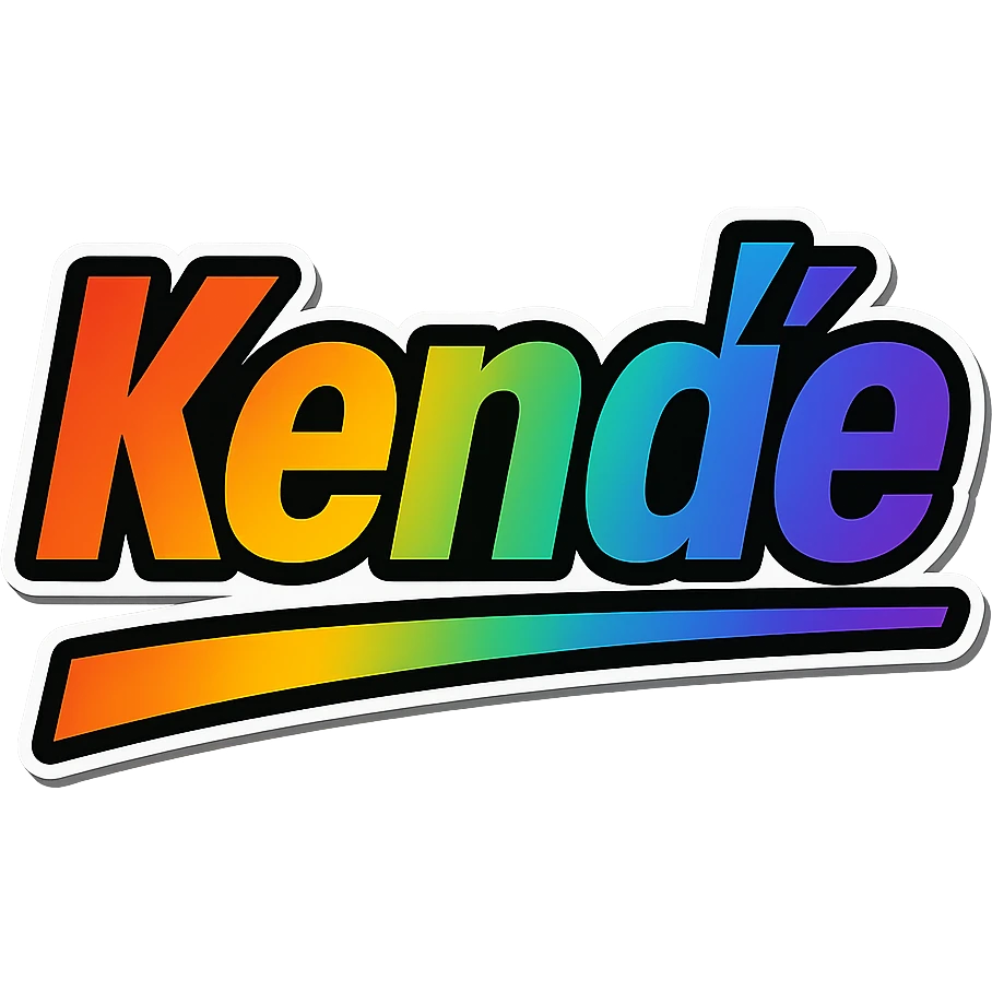 Kende name in modern gradient font with precise Hungarian characters, dark outline, extra bold, prominent white letter border, dynamic slanted underline, rainbow color gradient, 1000x1000 px, PNG, transparent background emoji