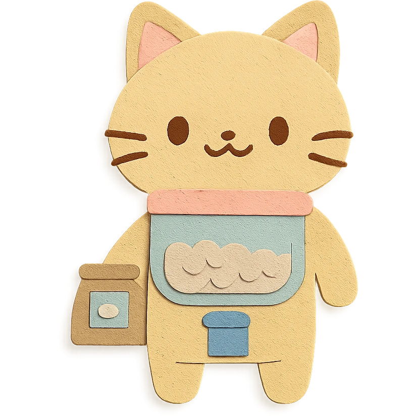 chibi rice dispenser-cat hybrid standing with a tiny rice bag, soft pastel, full-body emoji