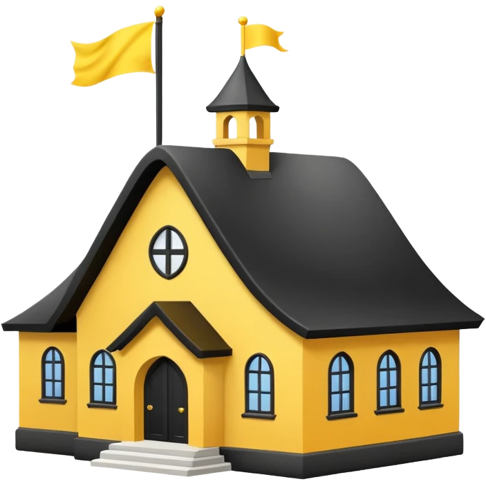 simple magic school, white background, magic school, black roof, with a big flag, big flag on a roof, big yellow flag, white school emoji