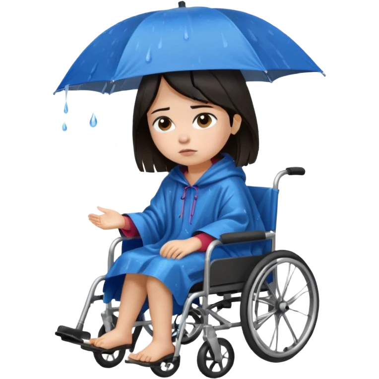 Girl with dark hair  in a wheelchair with rain poncho sad with rain  emoji