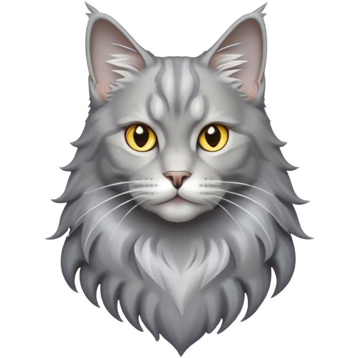 Cinematic Grey Maine Coon Cat Portrait Emoji, Elegant and alert, sleek grey, silver, and white tones, Simplified yet sharp features, highly detailed, glowing with a cool, confident glow, high shine, intelligent and poised, stylized with an air of grace, focused and attentive, soft glowing outline, capturing the essence of strength and sophistication, so lifelike it feels as though it could spring into motion with its majestic tail swishing at any moment! emoji