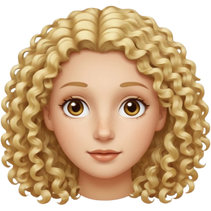Blond curly hair white women, oval shape face hazel eyes long lashes little bit of freckles high cheek bones emoji