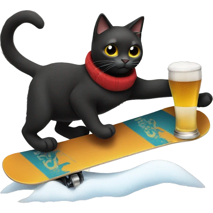 Black cat snowboarding with a beer emoji