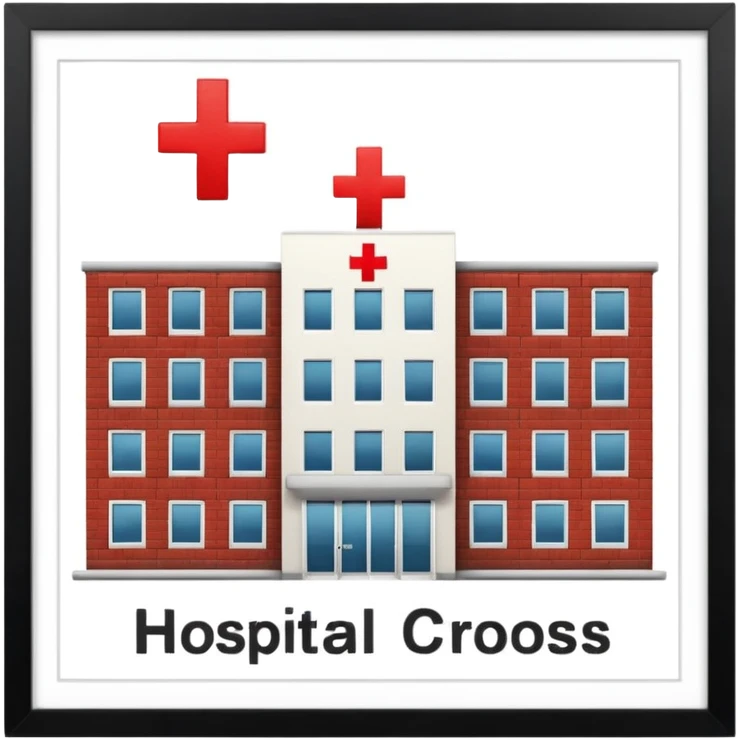 hospital outside, with text hospital and red cross emoji