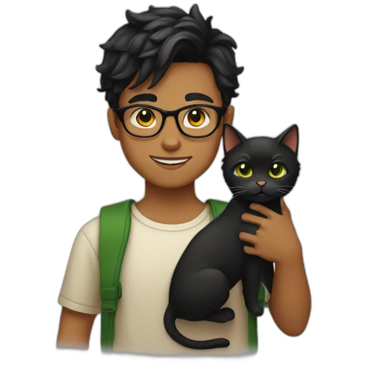 Boy with green eyes, with black short hair, glasses, holds Persian orange cat emoji