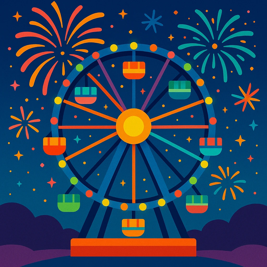 ferris wheel with fireworks, night sky, colorful lights emoji