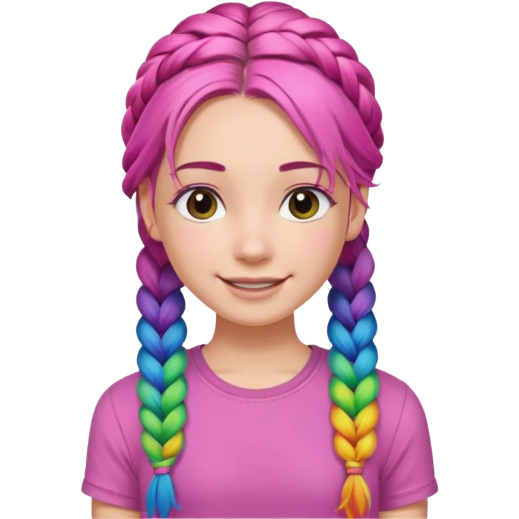 Woman with braided rainbow hair, happy — long braids, pink shirt emoji