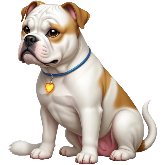 cinematic-[american bulldog]-realistic-full-body-sitting-emoji,-tail-resting-loosely-beside-its-paws,-head-tilted-dramatically,-sleek-[white]-fur,-simplified-yet-realistic-focused-features,-highly-detailed,-glowing-with-an-almost-sarcastic-glow emoji