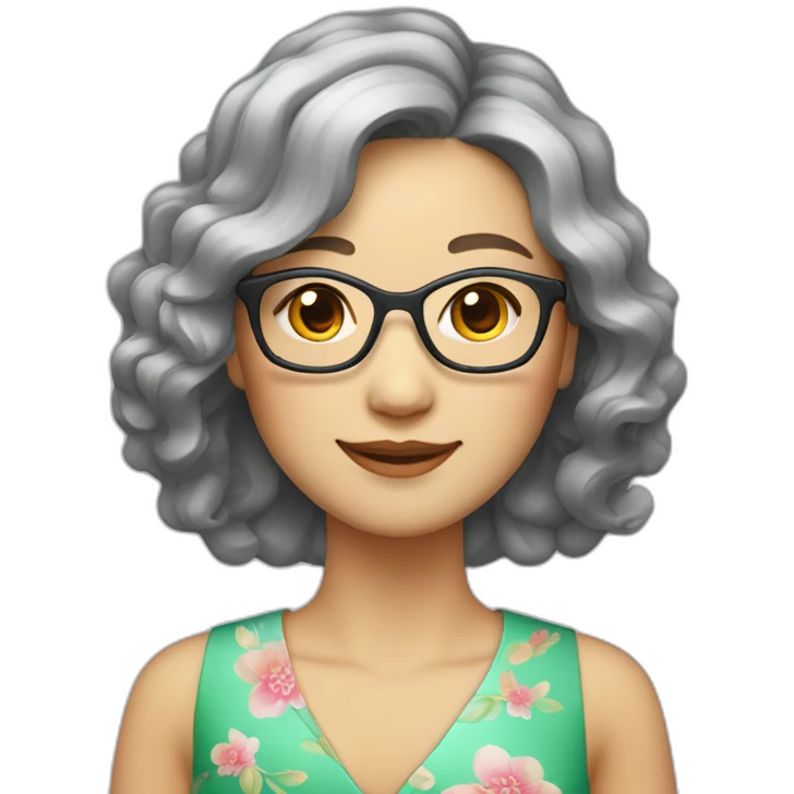 Chinese lady with like Lai gray hair wavy hair to the shoulder length where Chinese dress colourful dress wear glasses emoji