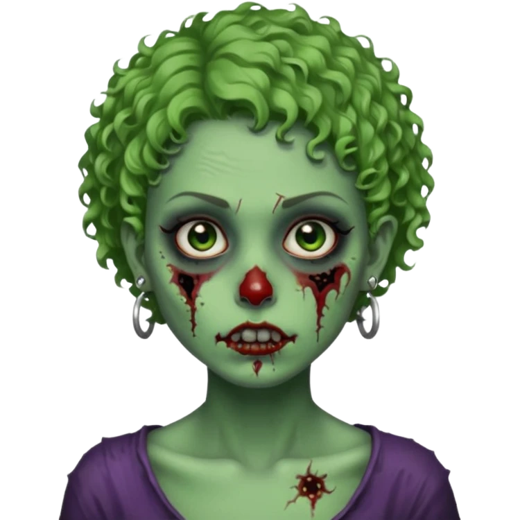faça uma cabeça verde de zumbi femenina, com im cabelo curtinho cacheado, piercing no nariz, e brincos na orelha e várias cicatrizes, deixe ela macabra emoji