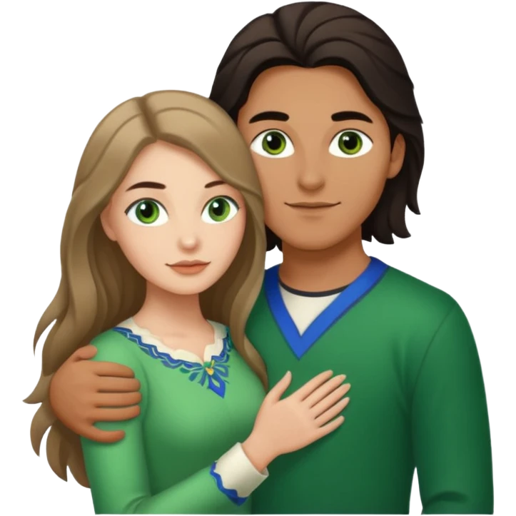 young Métis man and young white woman holding each other affectionately, the woman has long dark hair and green eyes emoji