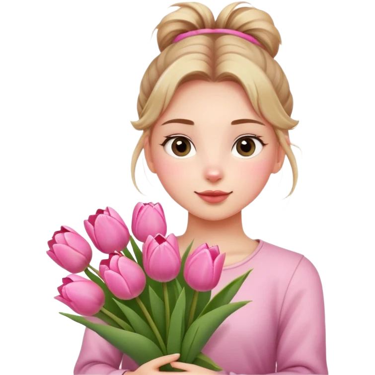 A girl with a messy bun, holding a bunch of pink tulips. emoji