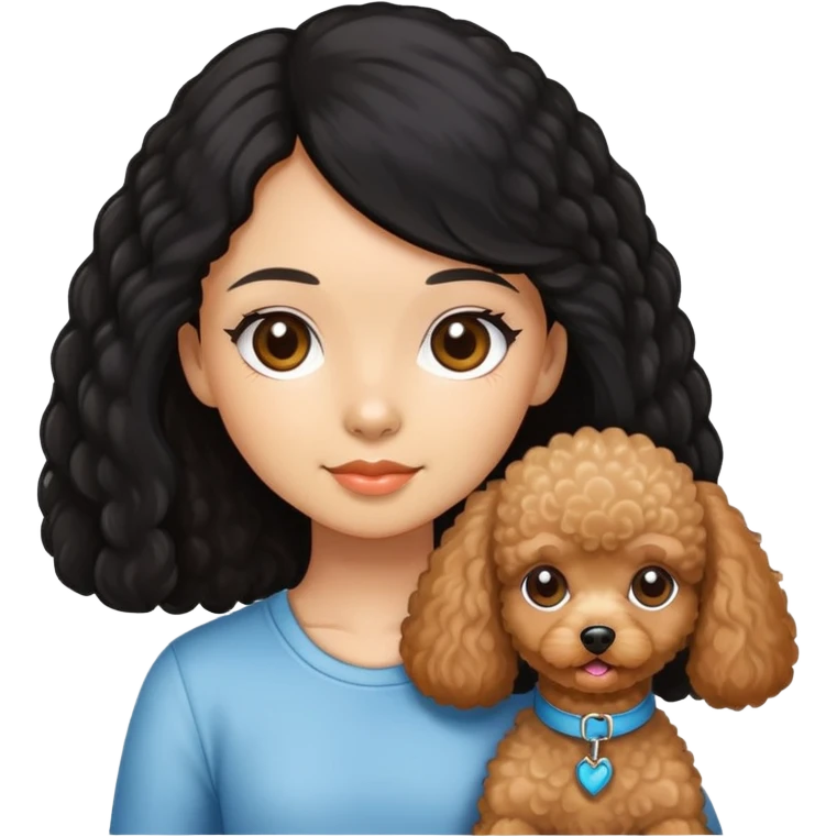 Girl long black hair, brunette and apricot toy poodle emoji